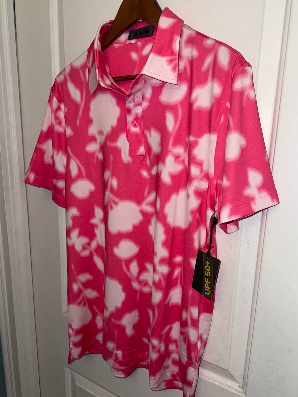 G/FORE NWT Blur Floral Tech Jersey Polo in "Knockout Pink" - Picture 6 of 8